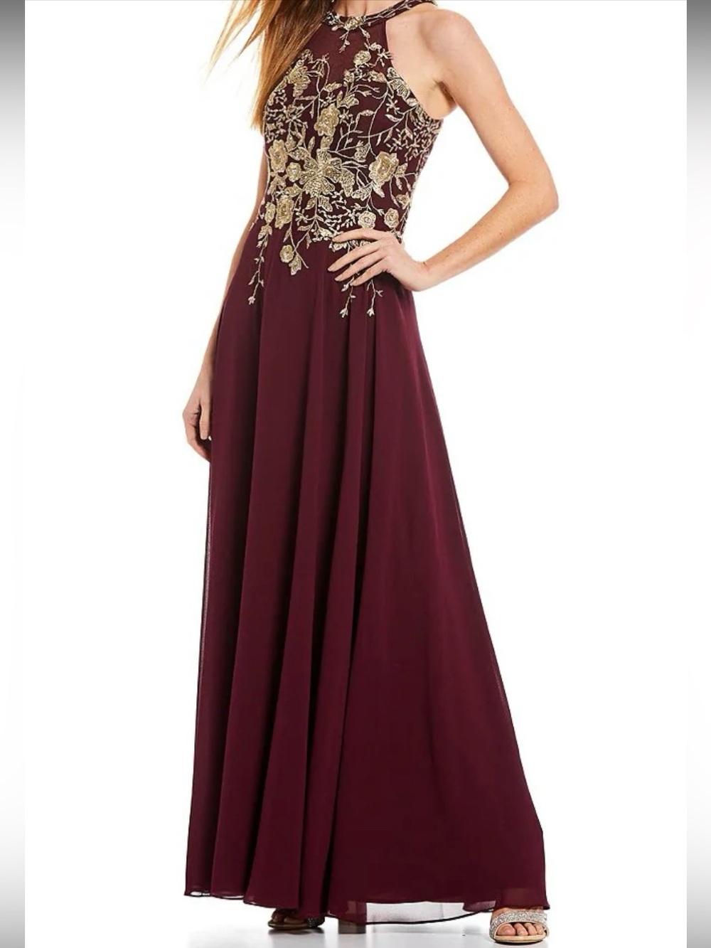 Betsy & Adam "CELESTE" LONG EMBROIDERED CHIFFON GOWN Wine/Gold